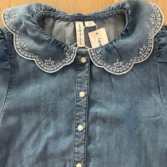 Janie and Jack Blue Chambray Button Down Shirt with Embroidered Collar - Picture 3 of 5